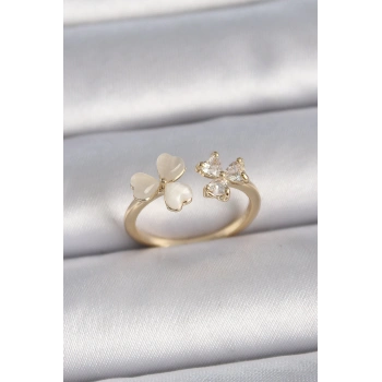 Pirinç Gold Renk Ayarlanabilir Zirkon Taşlı Kalp Beyaz Mineli Model Kadın Yüzük - TJ-BYK3388