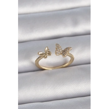 Pirinç Gold Renk Ayarlanabilir Zirkon Taşlı Kelebek Model Kadın Yüzük - TJ-BYK3374