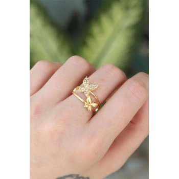 Pirinç Gold Renk Ayarlanabilir Zirkon Taşlı Kelebek Yüzük - TJ-BYK3190