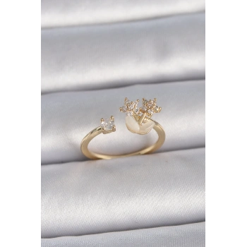 Pirinç Gold Renk Ayarlanabilir Zirkon Taşlı Yıldız Model Kadın Yüzük - TJ-BYK3396