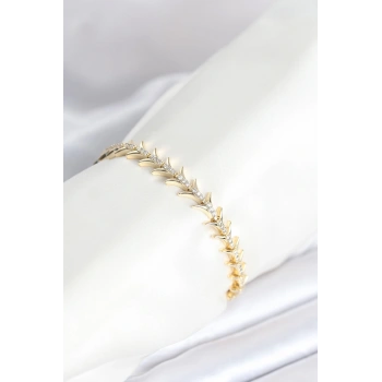 Pirinç Gold Renk Balık Sırtı Model Zirkon Taşlı Kadın Bileklik - TJ-BB8027