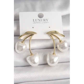 Pirinç Gold Renk Beyaz İnci Kiraz Model Kadın Küpe - TJ-BKP10461