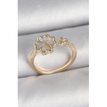 Pirinç Gold Renk Beyaz Mineli Yonca Model Zirkon Taş Detay Ayarlanabilir Kadın Yüzük - TJ-BYK3751