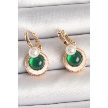 Pirinç Gold Renk Beyaz Yeşil Sallantı Mineli Kadın Küpe - TJ-BKP10363