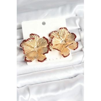 Pirinç Gold Renk Bordo Renk Detaylı Lotus Kadın Küpe - TJ-BKP11366
