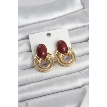 Pirinç Gold Renk Bordo Taşlı Vintage Kadın Küpe - TJ-BKP11679