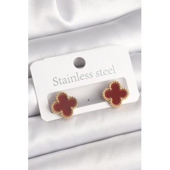 Pirinç Gold Renk Bordo Yonca Model Kadın Küpe - TJ-BKP10360