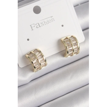 Pirinç Gold Renk Çift Sıra Zirkon Taşlı Kadın Küpe - TJ-BKP9756