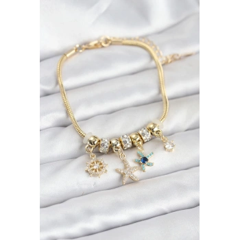 Pirinç Gold Renk Deniz Tema Charmlı Kadın Bileklik - TJ-BB8207