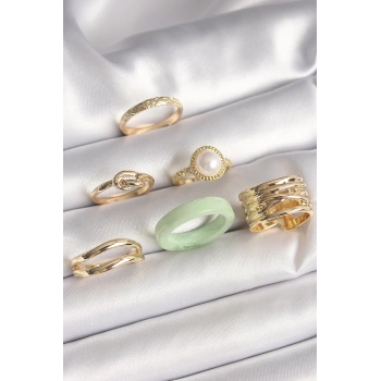 Pirinç Gold Renk Düğüm Model İncili İşlemeli Plaka Model 6Lı Kadın Yüzük Seti - TJ-BYK3621