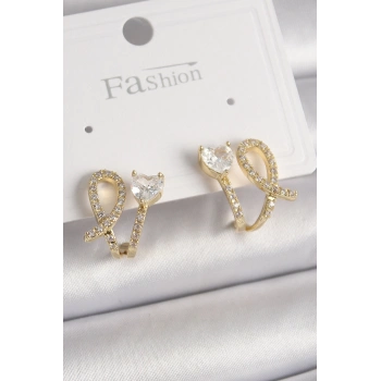 Pirinç Gold Renk Düğüm Model Zirkon Taşlı Kalp Detay Kadın Küpe - TJ-BKP9909