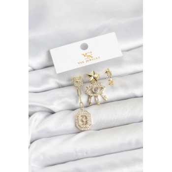 Pirinç Gold Renk Göz ve Kutup Yıldızı Model YSX Trio Küpe Seti - TJ-BKP11556