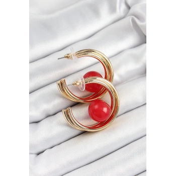 Pirinç Gold Renk Halka Model Kırmızı Boncuk Detay Kadın Küpe - TJ-BKP10366