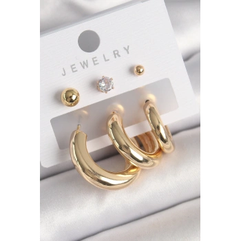 Pirinç Gold Renk Halka Model Zirkon Taşlı Topçuk Detay Kadın Küpe - TJ-BKP10306