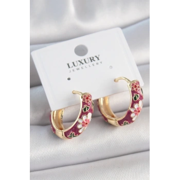 Pirinç Gold Renk Halka Mor Çiçek Mineli Kadın Küpe - TJ-BKP10474