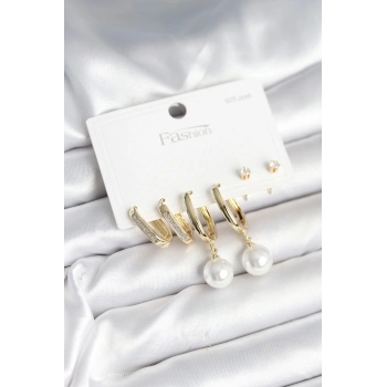 Pirinç Gold Renk İnci Detaylı 925 Ayar Gümüş Çivili Kadın Küpe Seti - TJ-BKP11259