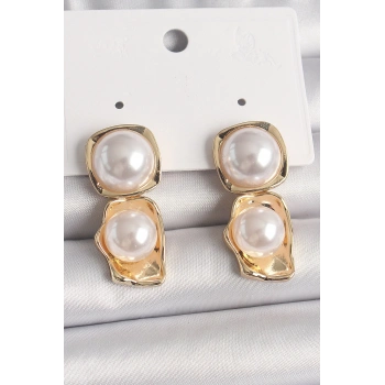 Pirinç Gold Renk İnci Kare Model Kadın Küpe - TJ-BKP10071