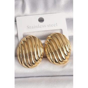 Pirinç Gold Renk İşlemeli Oval Model Kadın Küpe - TJ-BKP10151