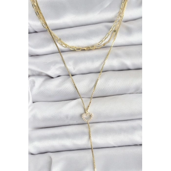 Pirinç Gold Renk Kalp Detaylı 3lü Kombin Y Kadın Kolye - TJ-BKO10690