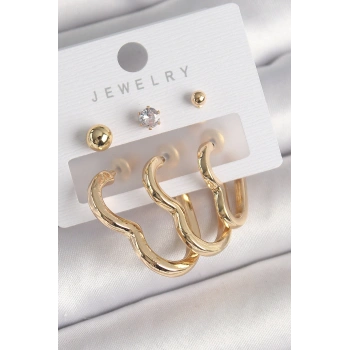 Pirinç Gold Renk Kalp Model Zirkon Taşlı Topçuk Detay Kadın Küpe Seti - TJ-BKP10308