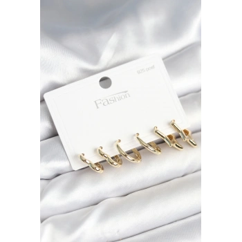 Pirinç Gold Renk Kalp Yıldız ve Halka Model 925 Ayar Gümüş Çivili Kadın Küpe Seti - TJ-BKP11262