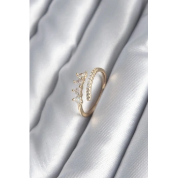 Pirinç Gold Renk Kalp Zirkon Taş Detay Kadın Yüzük - TJ-BYK2987