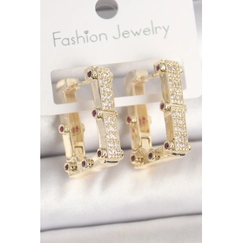 Pirinç Gold Renk Kare Zirkon Taşlı Kadın Küpe - TJ-BKP10373