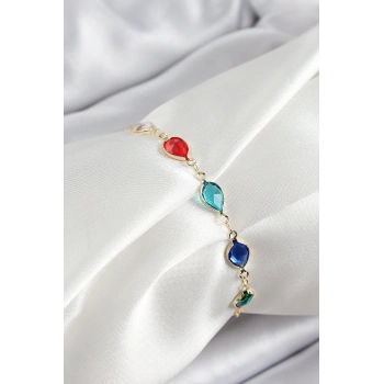 Pirinç Gold Renk Karışık Renk Damla Zirkon Taşlı Kadın Bileklik - TJ-BB7048