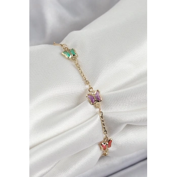 Pirinç Gold Renk Karışık Renk Kelebek Zirkon Taşlı Kadın Bileklik - TJ-BB7057