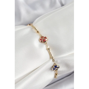 Pirinç Gold Renk Karışık Renk Yonca Zirkon Taşlı Kadın Bileklik - TJ-BB7056