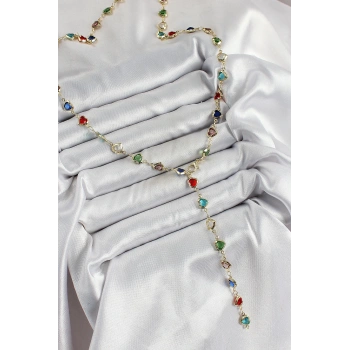 Pirinç Gold Renk Karışık Renk Zirkon Taşlı Kalpli Y Kadın Kolye - TJ-BKO10303