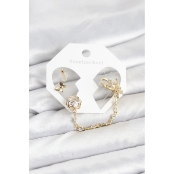 Pirinç Gold Renk Kelebekli Model Zincir Bağlantılı Ear Cuff Küpe Seti - TJ-BKP11543