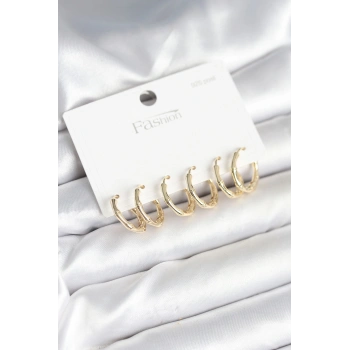 Pirinç Gold Renk Kemik Halka Model 925 Ayar Gümüş Çivili Kadın Küpe Seti - TJ-BKP11261