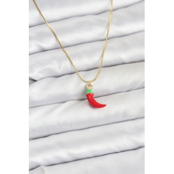 Pirinç Gold Renk Kırmızı Kapya Biber Model Kadın Kolye - TJ-BKO10813