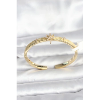 Pirinç Gold Renk Kutup Yıldızı Model Kadın Kelepçe Bileklik - TJ-BB8093