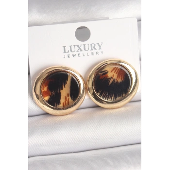 Pirinç Gold Renk Leopar Desen Daire Model Kadın Küpe - TJ-BKP10371