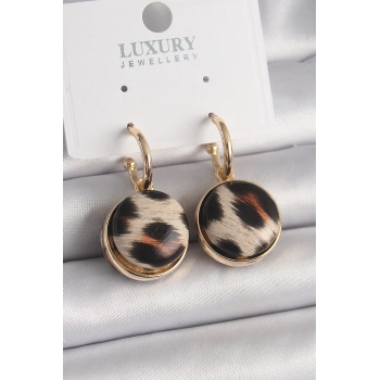 Pirinç Gold Renk Leopar Desenli Daire Model Kadın Küpe - TJ-BKP9878