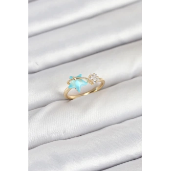 Pirinç Gold Renk Mavi Yıldızlı Model Kadın Yüzük - TJ-BYK3868