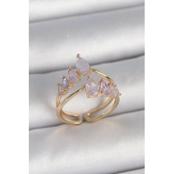 Pirinç Gold Renk Mor Damla Zirkon Taşlı Taç Model Kadın Yüzük - TJ-BYK3715