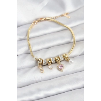 Pirinç Gold Renk Pembe Kalp Charmlı Kadın Bileklik - TJ-BB8191