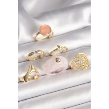 Pirinç Gold Renk Pembe Plastik Yüzük Model Daire Pembe Mine Yılan Detay 6Lı Kadın Yüzük Seti - TJ-BYK3613