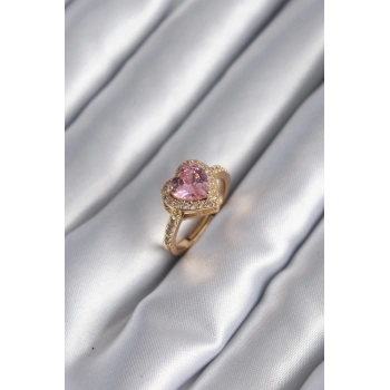 Pirinç Gold Renk Pembe Zirkon Taşlı Charm Kalp Model Kadın Yüzük - TJ-BYK2951