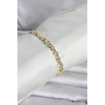Pirinç Gold Renk Petek Model Zirkon Taşlı Kadın Bileklik - TJ-BB8429