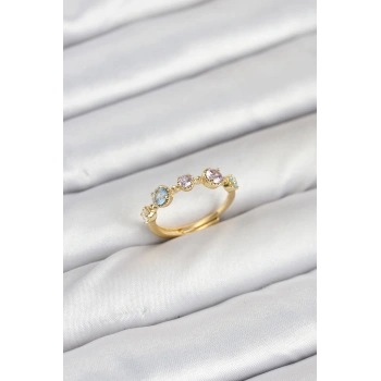 Pirinç Gold Renk Renkli Zirkon Taşlı Kadın Yüzük - TJ-BYK3866