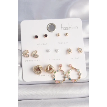 Pirinç Gold Renk Renkli Zirkon Taşlı Kalp Detay 7 Çift Kadın Küpe Seti - TJ-BKP10162