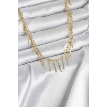 Pirinç Gold Renk Saçaklı Model Kadın Kolye - TJ-BKO11008