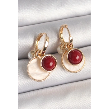 Pirinç Gold Renk Sallantı Beyaz Mineli Bordo Detay Kadın Küpe - TJ-BKP10362