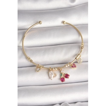 Pirinç Gold Renk Sallantı Kırmızı Zirkon Taşlı Kiraz Figür Charm Kadın Bileklik - TJ-BB6890