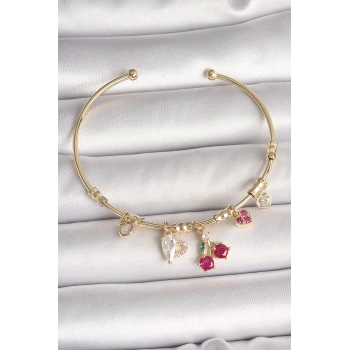 Pirinç Gold Renk Sallantı Kırmızı Zirkon Taşlı Kiraz Figür Charm Kadın Bileklik - TJ-BB6890