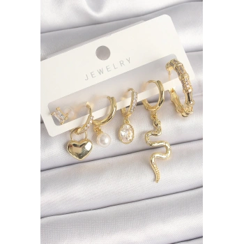 Pirinç Gold Renk Sallantı Yılan Model Zirkon Taşlı Halka Kilit Kalp Detay Kadın Küpe Seti - TJ-BKP10369